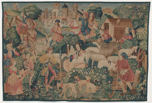 Hunting and Pastoral Scenes, with a shepherdess shearing by Unknown 16th Century Workshop, decorative art, 1510