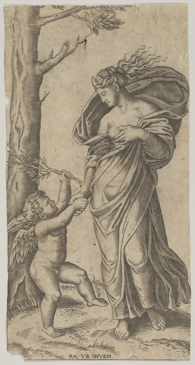 An allegory of Peace; Peace personified as a woman standing in a landscape holding the left hand of a winged genius by anonymous, print, 1515-1525