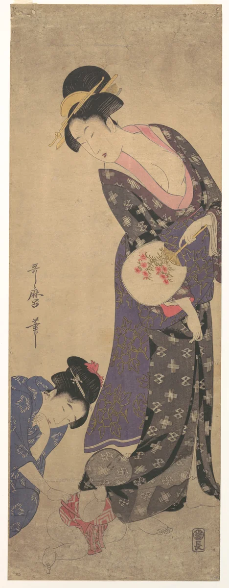 Two Women with a Baby who is Playing on the Floor by Kitagawa Utamaro (喜多川歌麿), print, 1783-1803