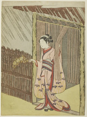 Woman Holding a Branch of Kerria Flowers in the Rain (parody of Ota Dokan) by Suzuki Harunobu (鈴木春信), print, 1761-1770