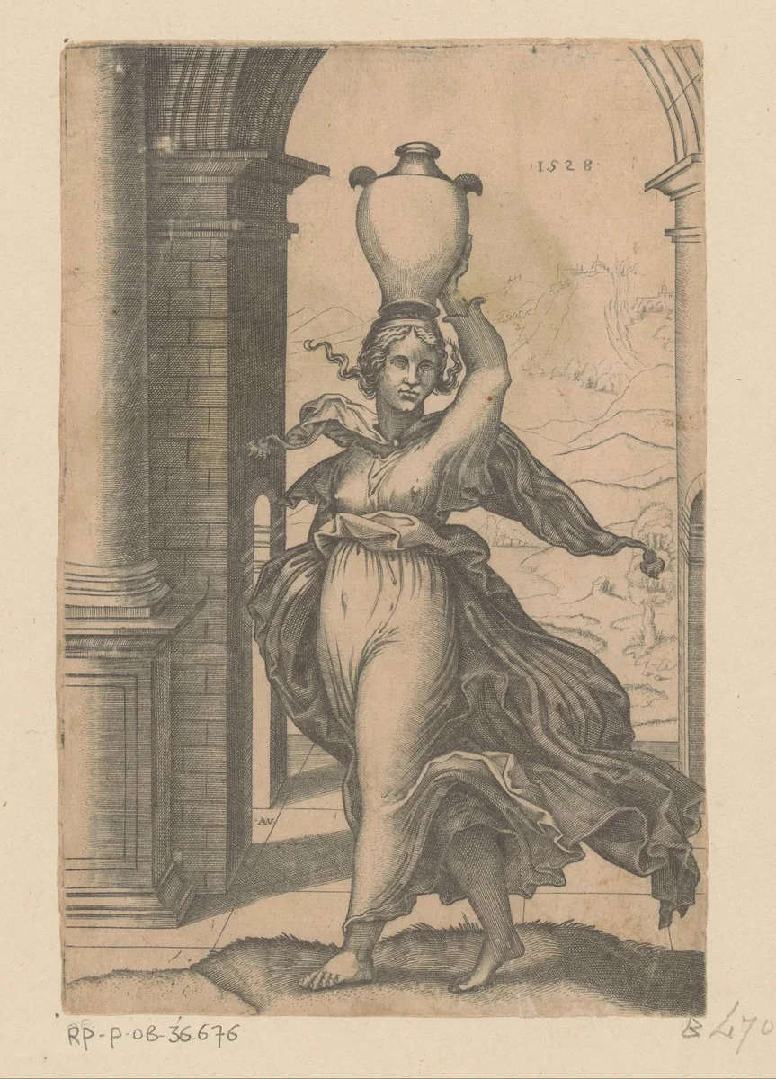Vaas dragende vrouw by Unknown, print, 1528