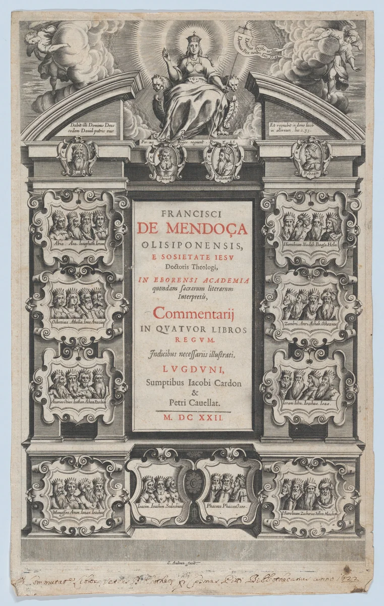 Frontispiece for Commentarij in Quator Libros Regum by F. de Monoça by Charles Audran, print, 1622