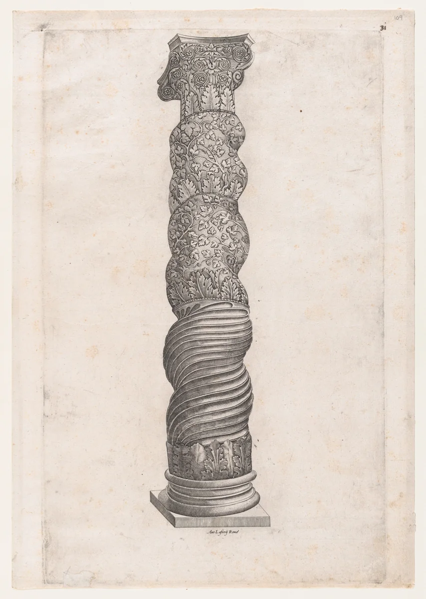 Grotesque Winding Column in St. Peter's, from "Speculum Romanae Magnificentiae" by Nicolas Beatrizet, print, 1530-1580
