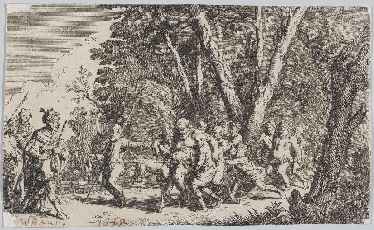 Plate 101: Silenus before King Midas, from 'Ovid's Metamorphoses' by Johann Wilhelm Baur, print, 1641