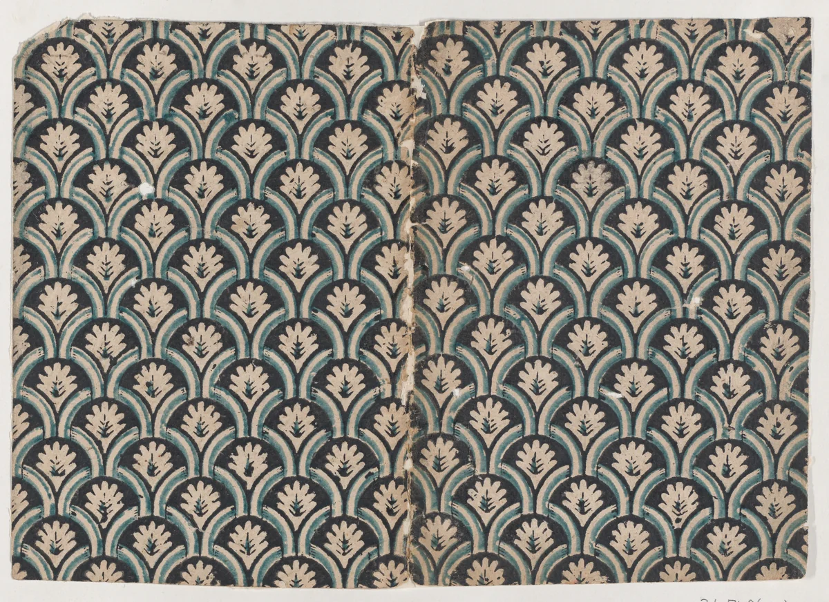 Decorative Paper with an Overall Scallop and Palmette Pattern in Black and Blue by anonymous, print, 1775-1785