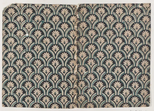 Decorative Paper with an Overall Scallop and Palmette Pattern in Black and Blue by anonymous, print, 1775-1785