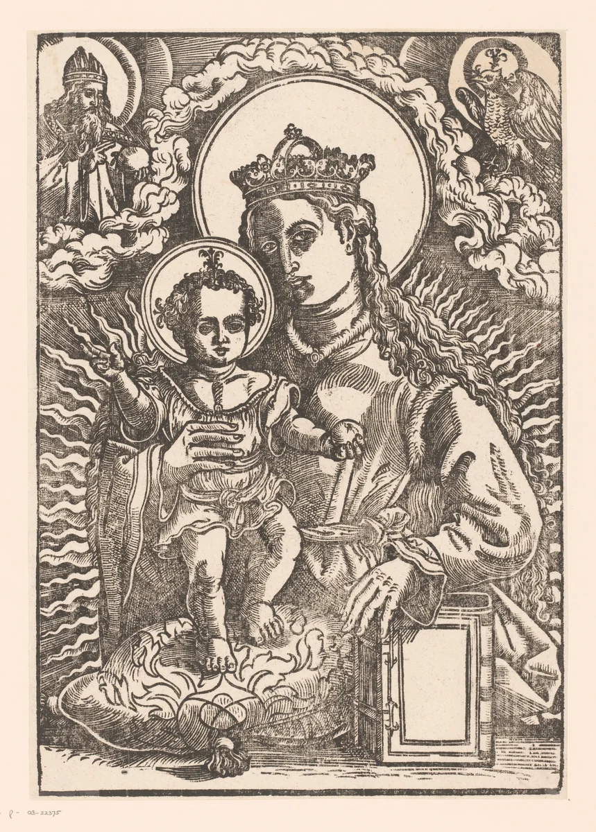 Maria met kind en boek, boven God en de Heilige Geest by anonymous, print, 1500-1599