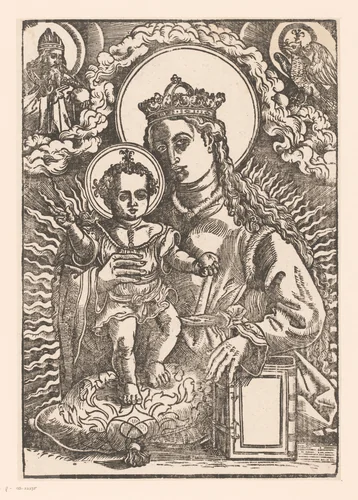 Maria met kind en boek, boven God en de Heilige Geest by anonymous, print, 1500-1599