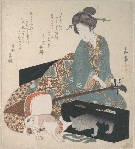 Woman Tuning a Shamisen and a Cat Looking at its Own Reflection by Yashima Gakutei (八島岳亭), print, 1824-1826