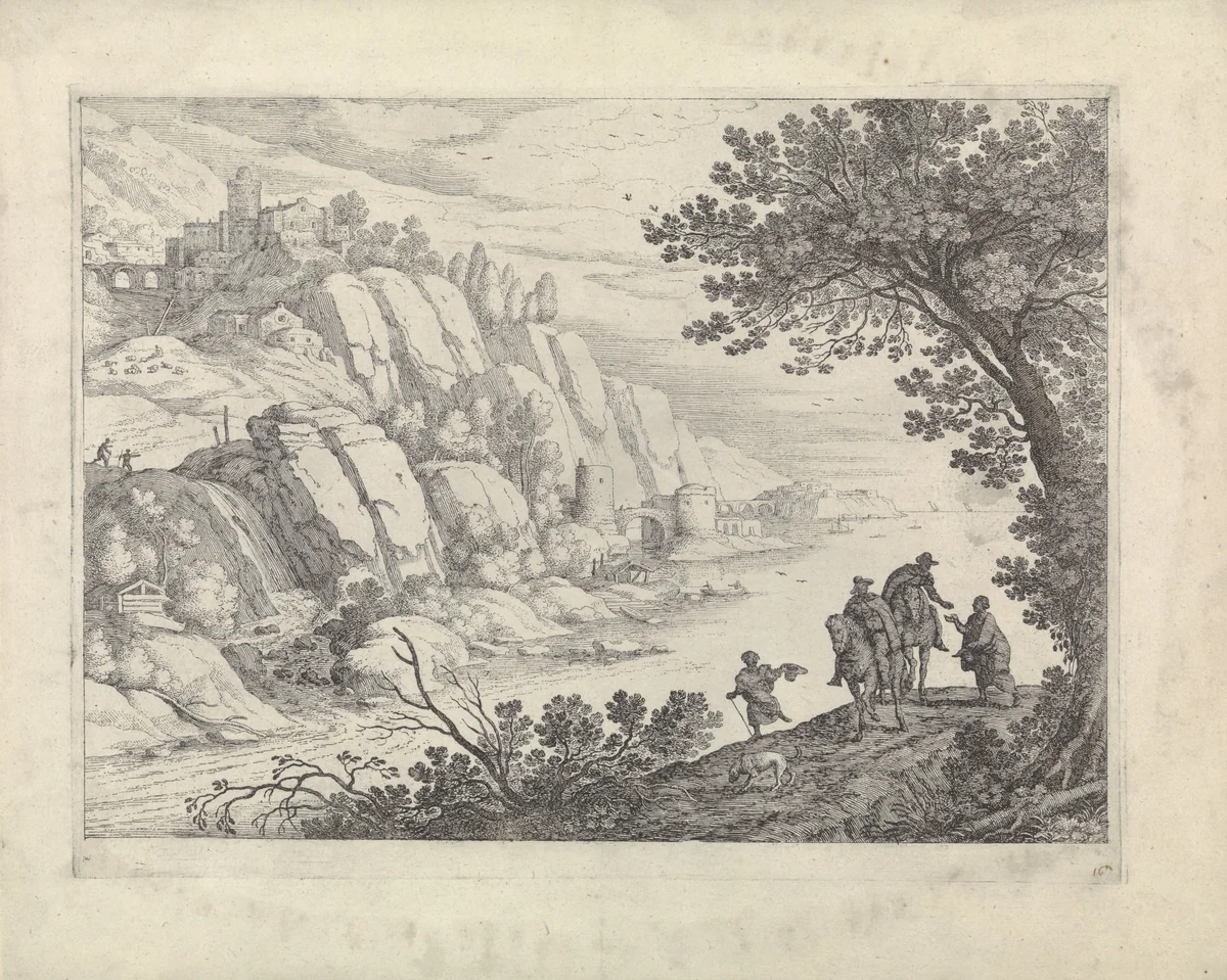 Ruiters en bedelaars in een landschap by Guilliam van Nieulandt, print, 1594-1635