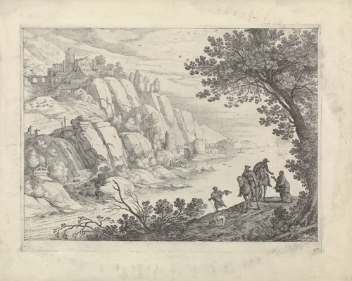 Ruiters en bedelaars in een landschap by Guilliam van Nieulandt, print, 1594-1635
