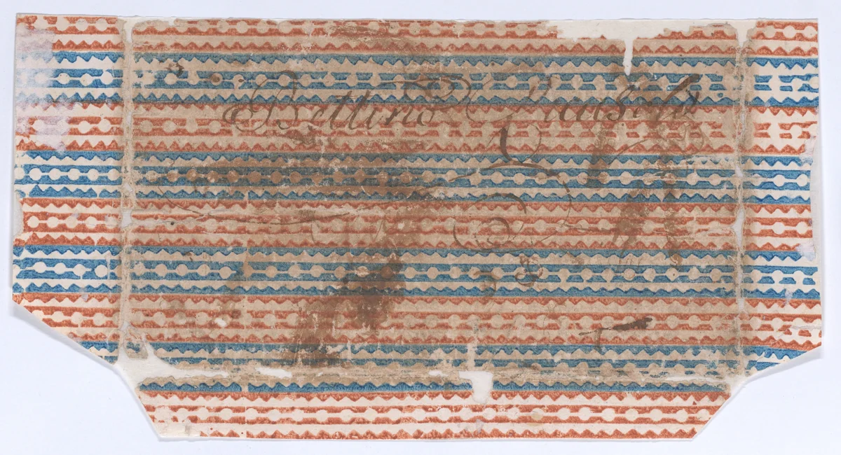 Sheet with overall red and blue geometric pattern by anonymous, print, 1800-1900