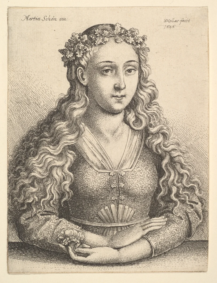 Woman with a wreath of oak leaves by Wenceslaus Hollar, print, 1646
