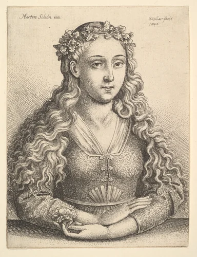 Woman with a wreath of oak leaves by Wenceslaus Hollar, print, 1646