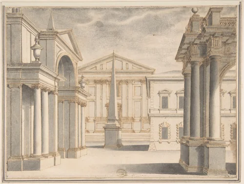 Piazza with Obelisk by anonymous, drawing, 1500-1600
