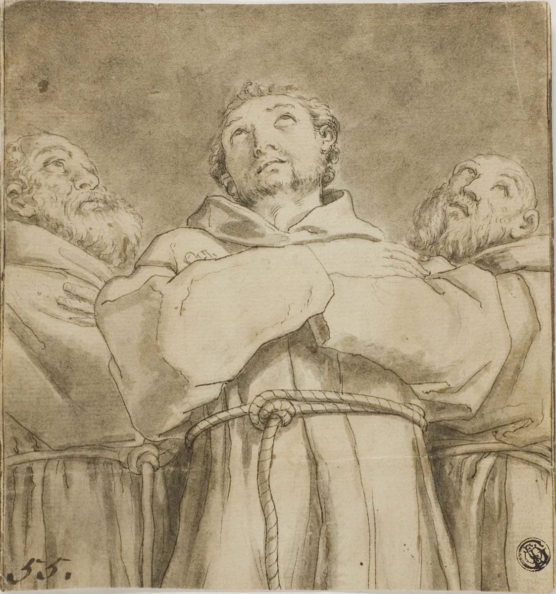 Saint Francis of Assisi, with two Monks of his Order by Guido Reni, drawing, 1611-1800