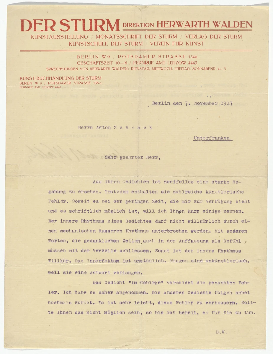 Der Sturm letterhead (Letter to Anton Schnack from H. Walden) by Unidentified Designer, design, 1917
