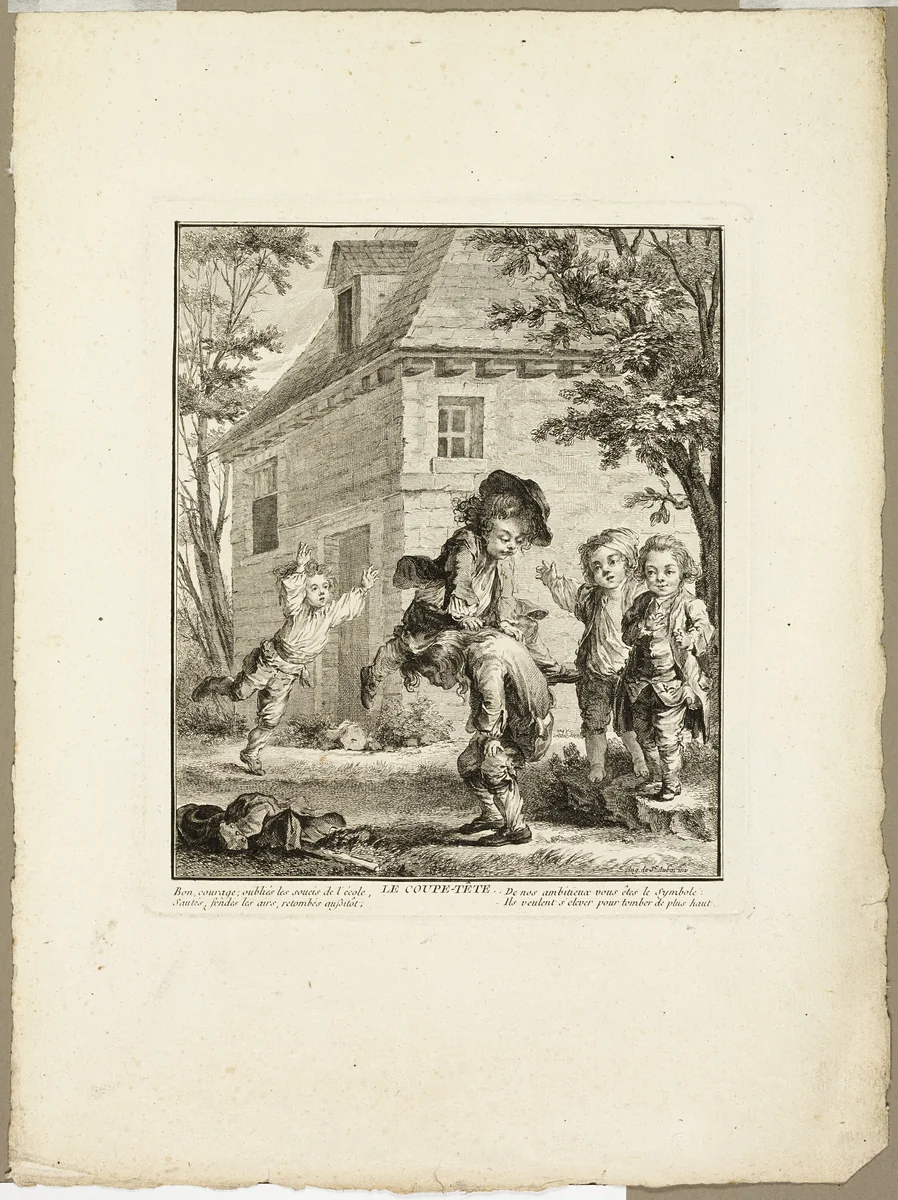 Leap Frog, from The Games of the Urchins of Paris by Jean-Baptiste Tilliard, print, 1770