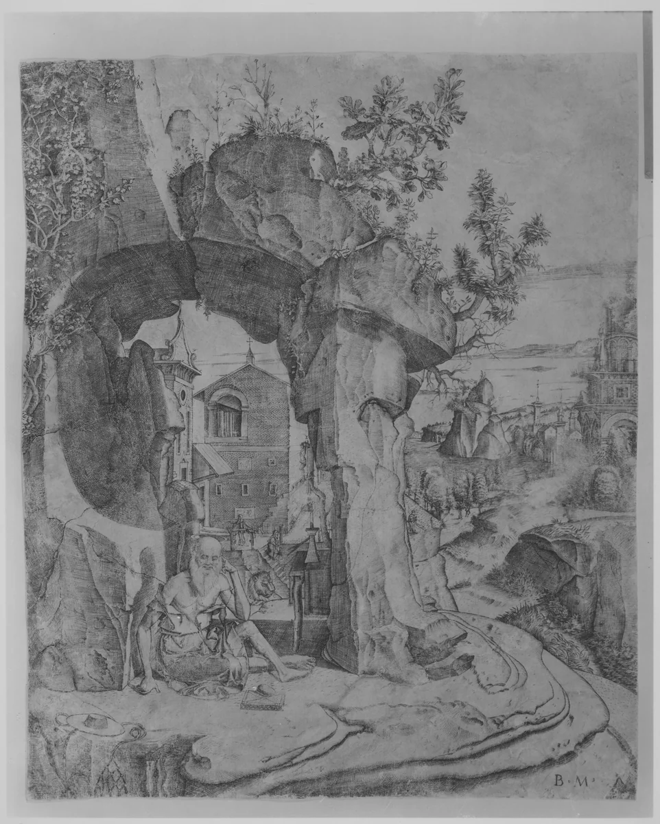 Saint Jerome seated beneath a rocky arch by Benedetto Montagna, print, 1500-1510