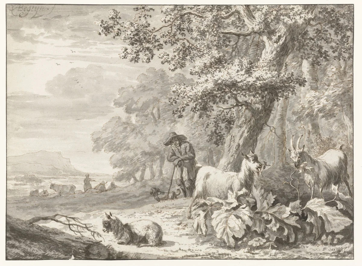 Landscape with a Herder Watching a Flock of Three Goats by Abraham Jansz Begeyn, drawing, 1660-1672