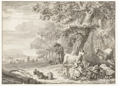Landscape with a Herder Watching a Flock of Three Goats by Abraham Jansz Begeyn, drawing, 1660-1672