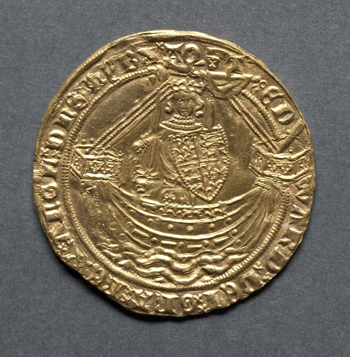 Noble: Edward III Standing in Ship with Shield of Arms (obverse) by Unknown, metalwork, 1363-1369