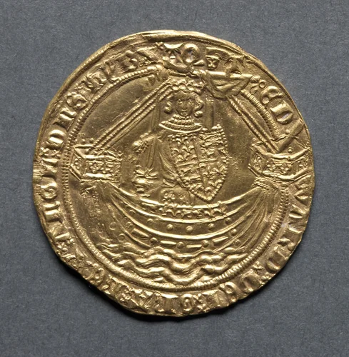 Noble: Edward III Standing in Ship with Shield of Arms (obverse) by Unknown, metalwork, 1363-1369