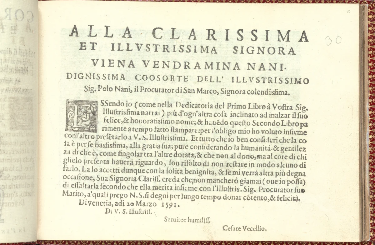Corona delle Nobili et Virtuose Donne: Libro I-IV, page 30 (recto) by Cesare Vecellio, book, 1601