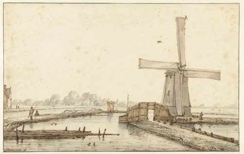 De windmolen aan het water by Anthonie van Borssom, drawing, 1660-1677