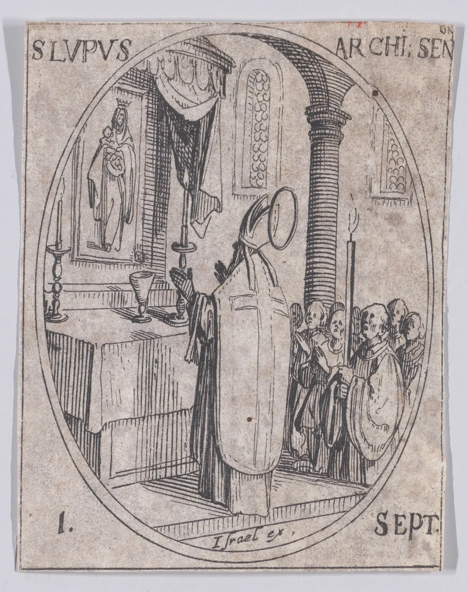 S. Leu, archevêque (St. Lupus, Archbishop), September 1st, from "Les Images De Tous Les Saincts et Saintes de L'Année" (Images of All of the Saints and Religious Events of the Year) by Jacques Callot, print, 1636