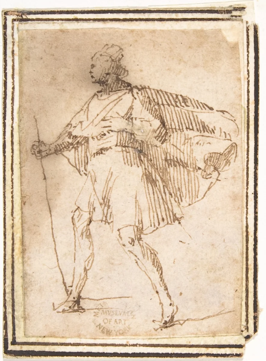 Standing Male Figure with Cloak and Staff by Francesco Allegrini, drawing, 1624-1663