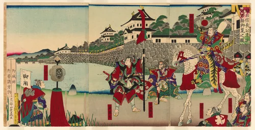 Lord Oda Nobunaga Viewing the Restoration of Kiyosu Castle (Oda Nobunaga ko Kiyosujo shuzen goran no zu) by Utagawa Yoshifuji, print, 1888