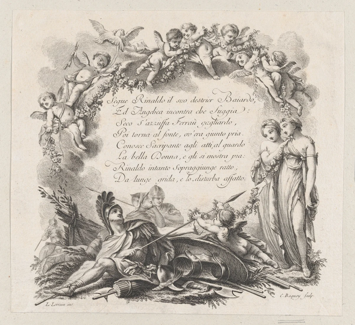 Vignette for the first chant of Roland Furieux by C. Baquoy, print, 1700-1800
