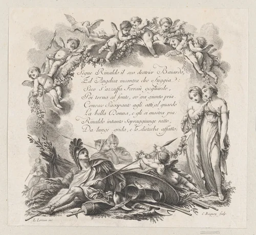 Vignette for the first chant of Roland Furieux by C. Baquoy, print, 1700-1800