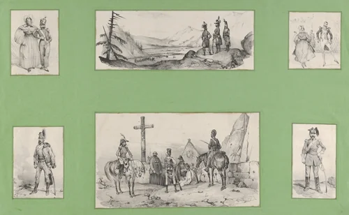 Soldiers and Landscapes, (6 prints mounted onto a green album sheet) by Victor Adam, print, 1820-1866