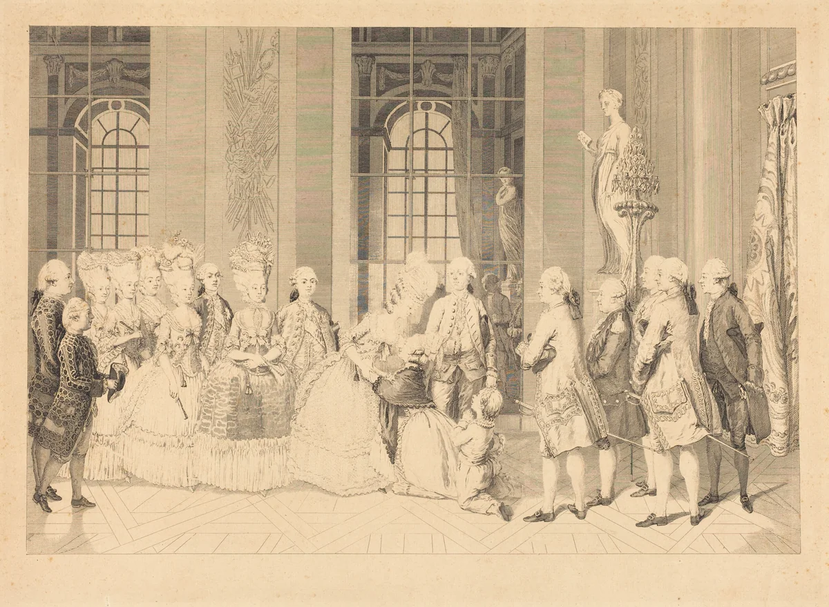 La Reine annonçant à Mme Bellegarde, des Juges, et la liberté de son mari en mai 1777 by Antoine-Jean Duclos, print, 1779