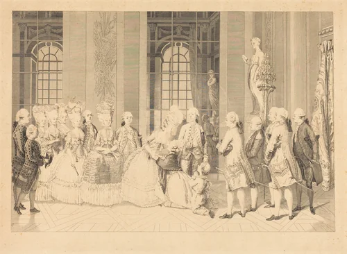 La Reine annonçant à Mme Bellegarde, des Juges, et la liberté de son mari en mai 1777 by Antoine-Jean Duclos, print, 1779