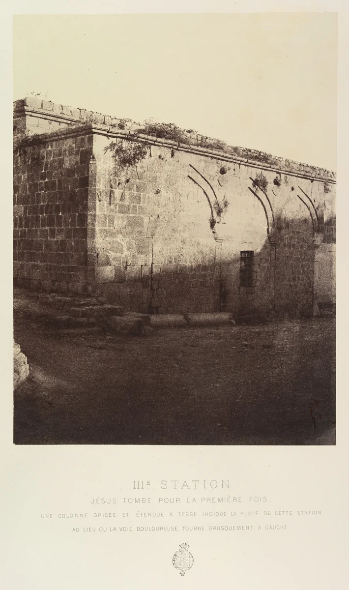 IIIe Station. Jésus tombe pour la première fois. Une colonne brisée et entendue a terre indique la place de cette station au lieu où la voie douloureuse tourne brusquement a gauche by Louis de Clercq, photograph, 1860