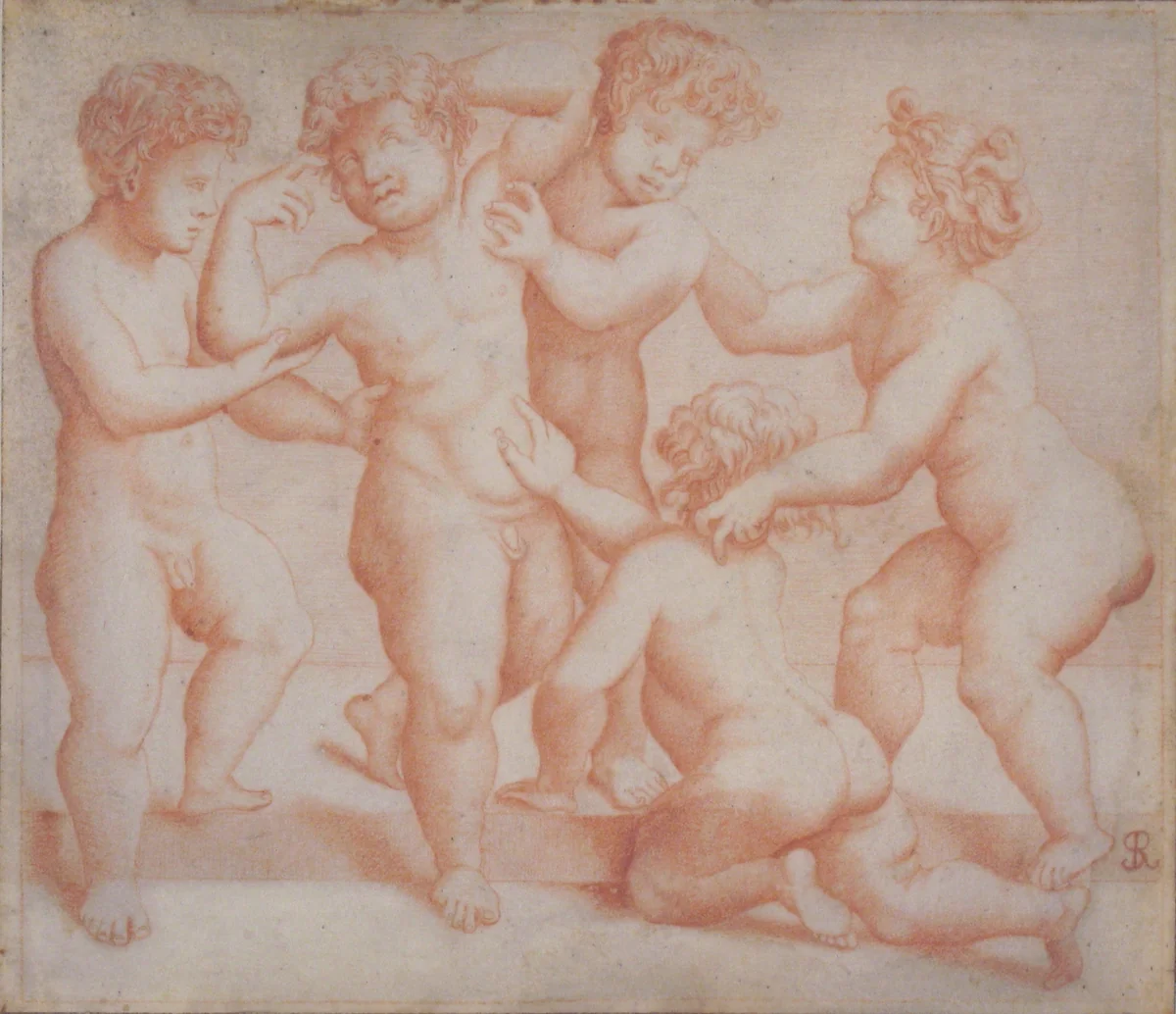 Frieze of Five Putti by Marco Dente, drawing, 1515-1527