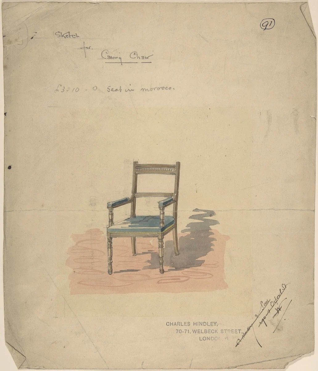 Design of a Carving Chair by Charles Hindley and Sons, drawing, 1884-1892