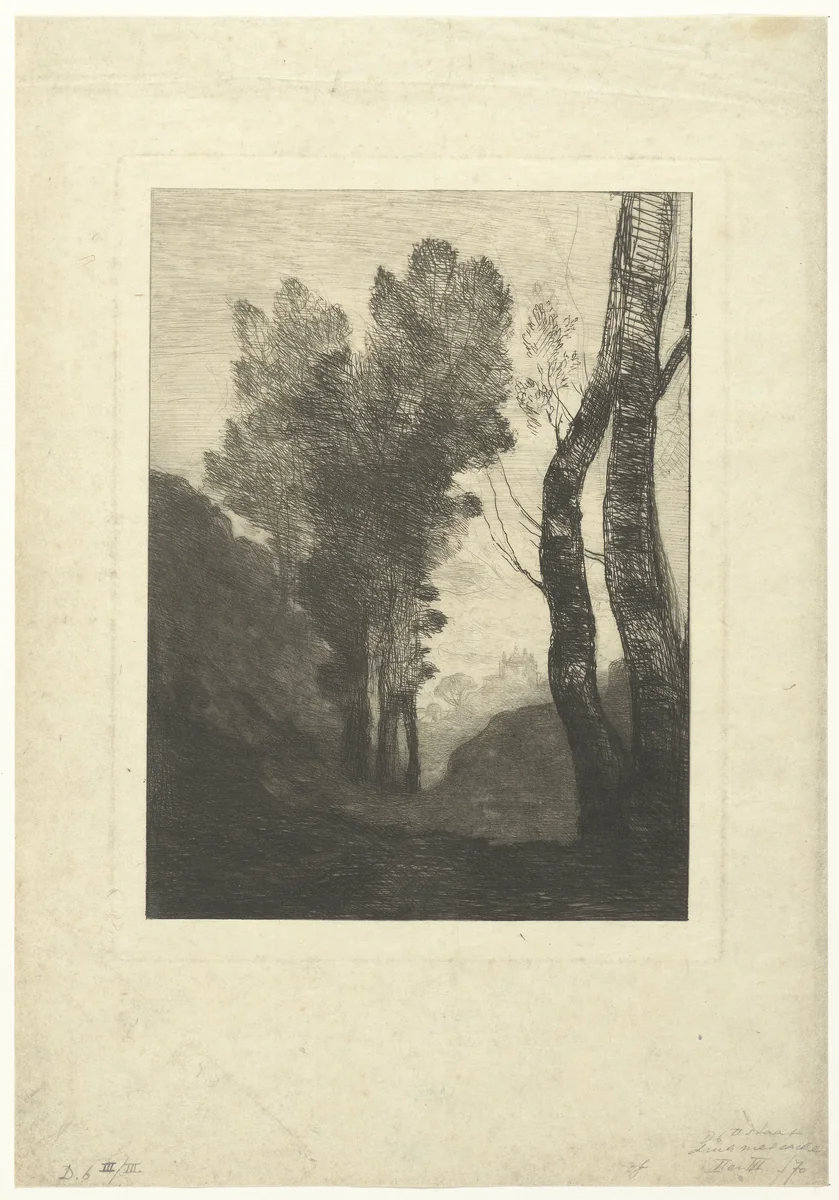 Landschap met bomen in omgeving van Rome by Camille Corot, print, 1866