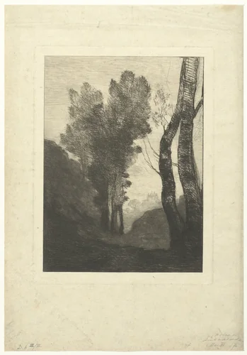 Landschap met bomen in omgeving van Rome by Camille Corot, print, 1866