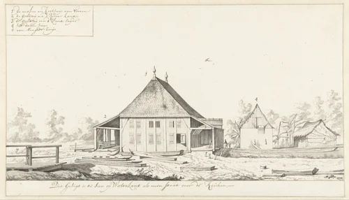 Gezicht op de molen en het kookhuis van suikerplantage Waterland by Dirk Valkenburg, drawing, 1708