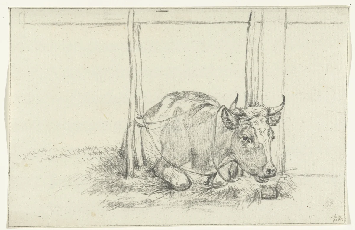 Liggende koe, in een stal, van voren by Jean Bernard, drawing, 1826
