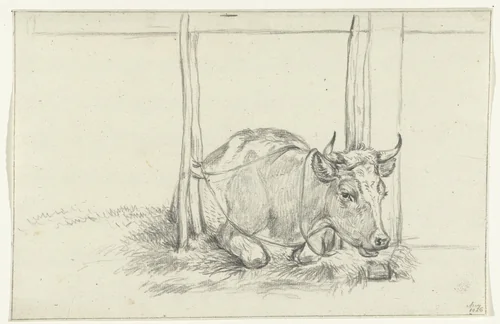 Liggende koe, in een stal, van voren by Jean Bernard, drawing, 1826