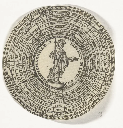 Penning van de Universiteit van Leiden, met de namen van de hoogleraren en Minerva by anonymous, print, 1685-1720