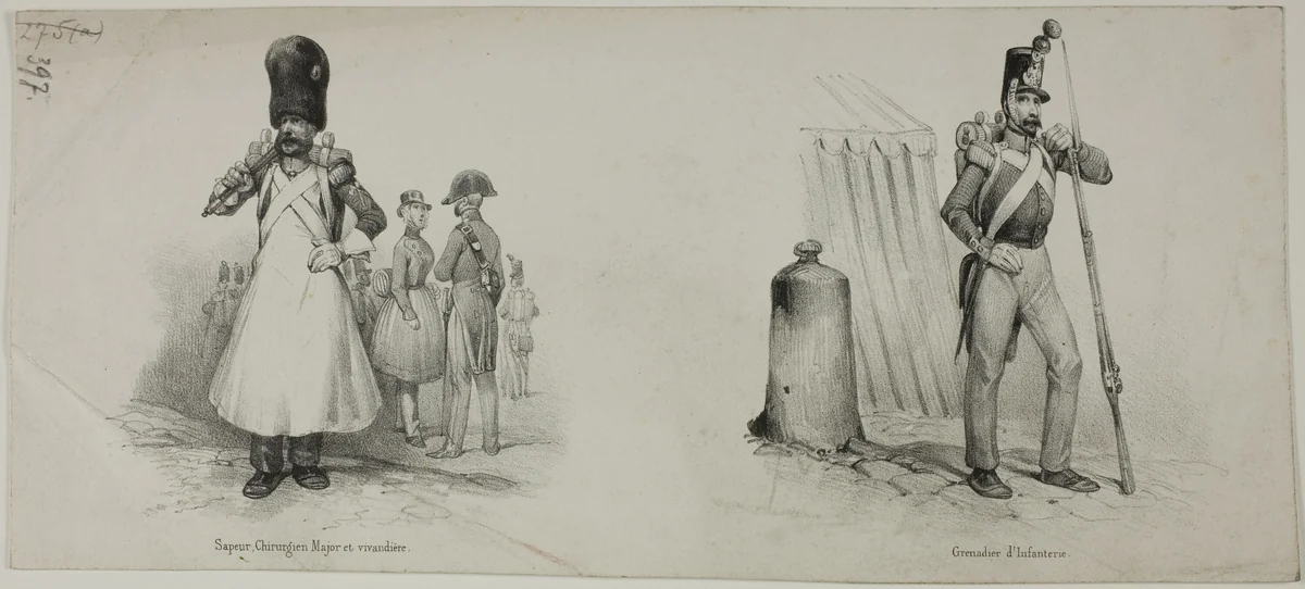 Military Costumes: Sapper (Fireman), Surgeon and Canteen Manager; Grenadier (Musketeer, Infantryman) by Victor Adam, print, 1821-1866