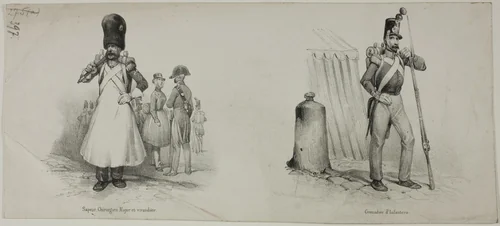Military Costumes: Sapper (Fireman), Surgeon and Canteen Manager; Grenadier (Musketeer, Infantryman) by Victor Adam, print, 1821-1866