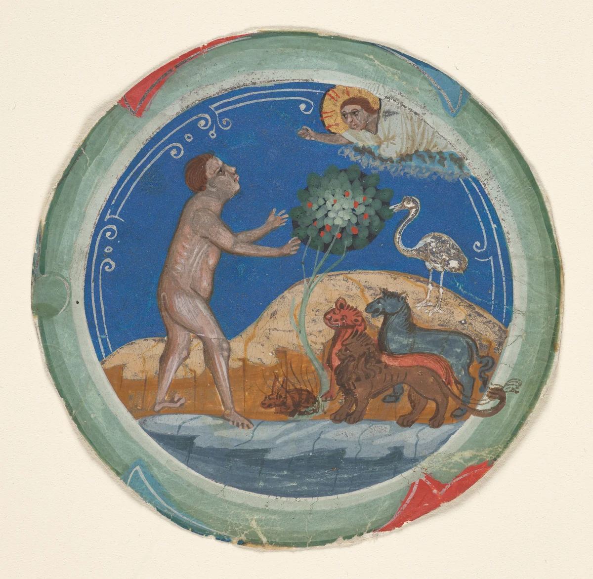 Medallion from the Border of a Latin Bible: The Sixth Day of Creation by Primo Miniatore di San Domenico, manuscript, 1300-1325