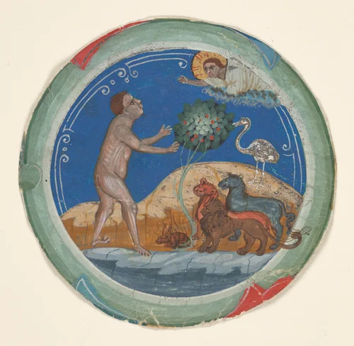 Medallion from the Border of a Latin Bible: The Sixth Day of Creation by Primo Miniatore di San Domenico, manuscript, 1300-1325